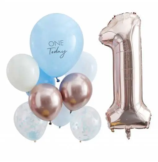 Blue and Rose Gold First Birthday Balloons