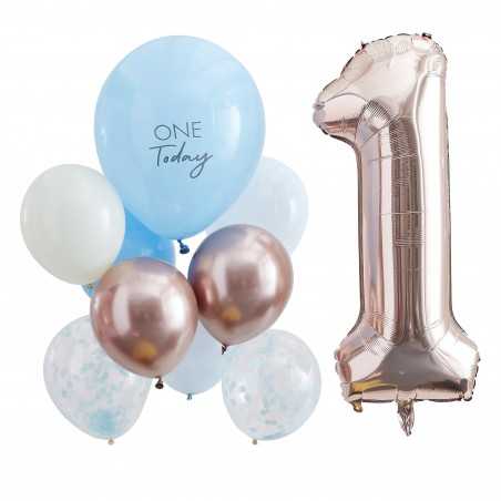 Blue and Rose Gold First Birthday Balloons - 1126