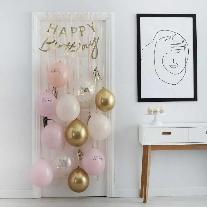 Ballongsats för dörren – ”Happy Birthday” – Rosa