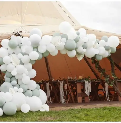 Luxe Sage & White Balloon Arch with White Fans Bröllop