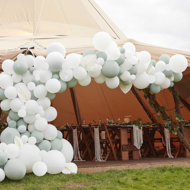 Luxe Sage & White Balloon Arch with White Fans Bröllop